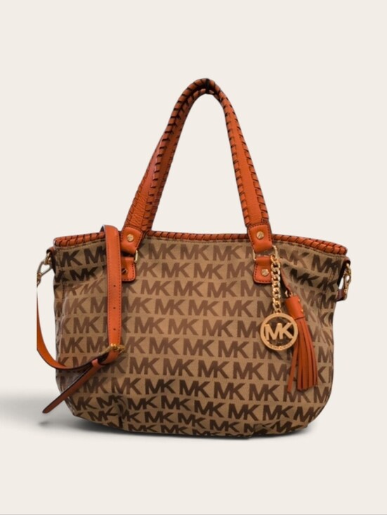 Michael Kors Handbags - Michael Kors Brown MK Logo Tote with Orange, EC